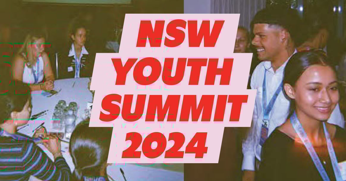 A collage of young people seated around a table in a discussion, and standing in a room. The words 'NSW Youth Summit 2024' are emblazoned over the collage.