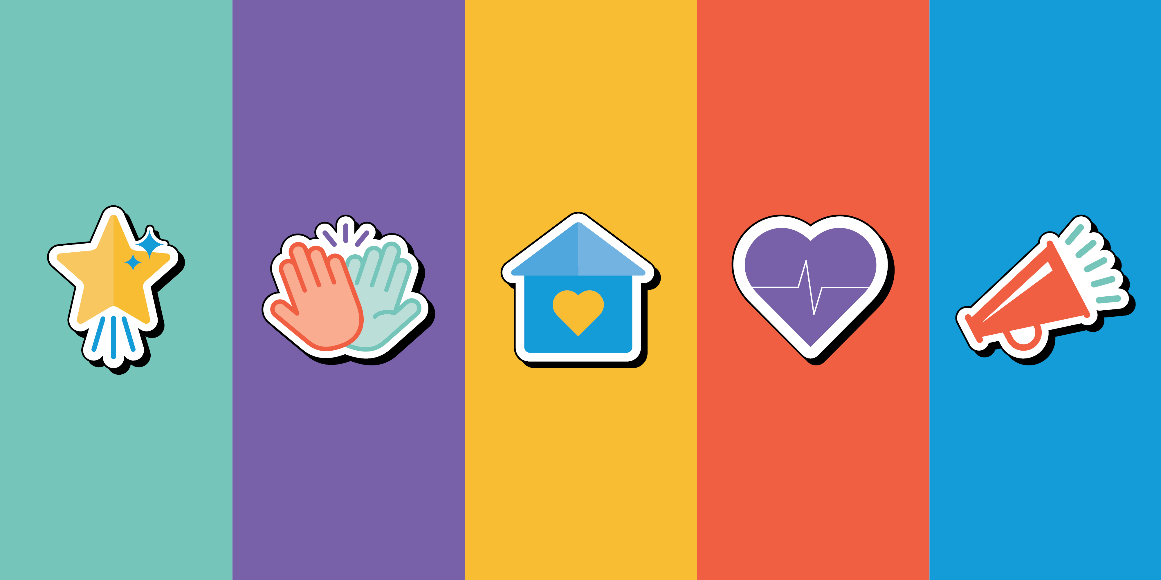 Five illustrations of a star, a high five, a home, a beating heart and a megaphone.